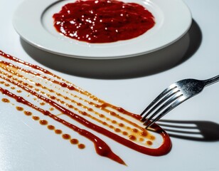 Artistic display of sauce drizzles and fork on white surface with red dish in background