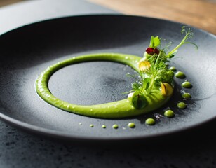 Gourmet plate with green pea puree and fresh herbs on a dark ceramic dish