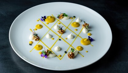 Modern geometric plated dessert with elegant garnish and artistic presentation