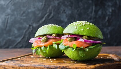 Avocado salmon burgers with fresh vegetables and sesame seeds on rustic board