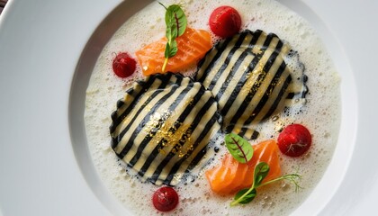 Gourmet seafood ravioli with black stripes and salmon garnish in creamy white sauce