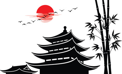 Traditional Japanese landscape illustration with black pagoda temple silhouette, bamboo trees, flying birds, and red rising sun vector art.