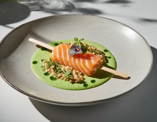 Gourmet salmon skewer on velvety green pea puree with barley and fresh microgreens in elegant setting