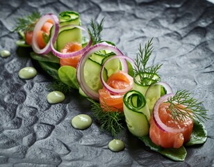 Elegant gourmet salmon tartare with fresh vegetables and herb garnish on textured plate