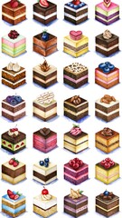Assorted colorful mini cakes with diverse toppings in a grid arrangement