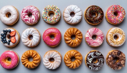 Assorted colorful donuts arranged in rows on gray background