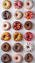 Assorted donuts pattern on marble surface with colorful toppings and varied textures