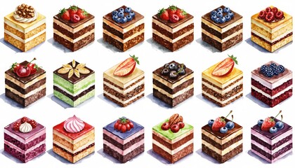 Assorted miniature cakes with various toppings in a grid pattern