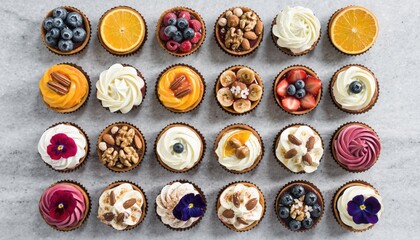 Assorted gourmet cupcakes with fruits and nuts top view on marble background