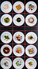 Elegant gourmet cuisine: top view of artful plated dishes on black background with red borders