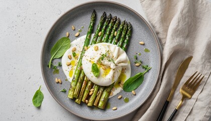 Gourmet dish with fresh asparagus and creamy burrata on elegant grey plate