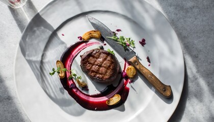 Gourmet grilled steak with berry sauce on stoneware plate and rustic knife
