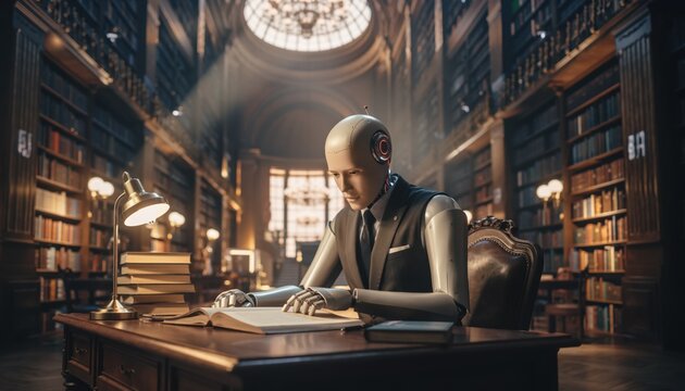 Ai robot studying in antique library with sunlight streaming through large window