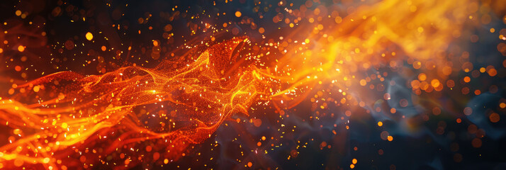 Bright orange and red nebula with glowing energy streams twisting through a dark cosmic background. banner