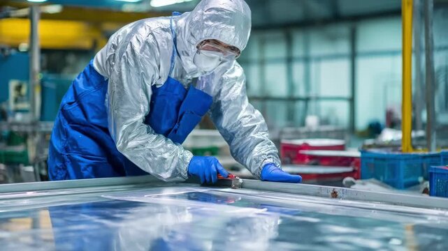 Industrial worker applying foodsafe tin plating on metal sheets in a clean manufacturing environment ensuring corrosion resistance and safety for food packaging