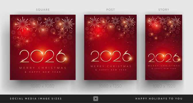New Year 2026 and Christmas corporate red social media backgrounds with fireworks - Templates for company marketing stories, square, posts - vector illustration