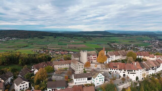 Pan shot of the historic village of Regensberg near Zurich II