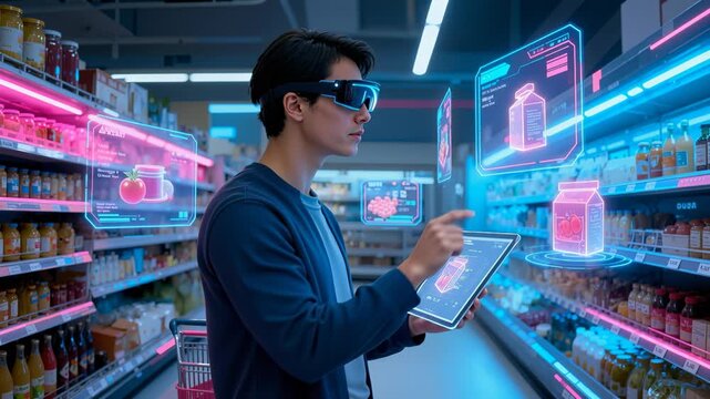 Young adult man using augmented reality glasses and tablet in futuristic retail environment. He interacts with holographic product information for an enhanced shopping experience.
