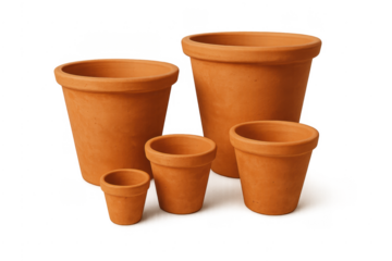 Terracotta pots in varying sizes for gardening, transparent background