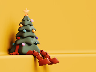 Fototapeta na wymiar Cute Christmas tree awaiting Christmas. Christmas is near concept design on yellow background with copy space. 3D Rendering, 3D Illustration 