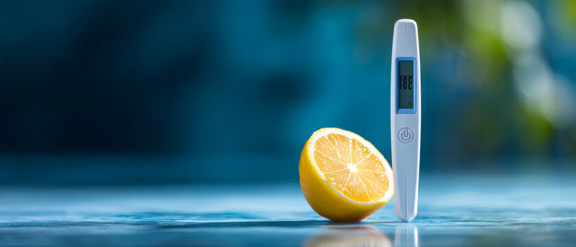 A thermometer and a lemon on the table with blue background