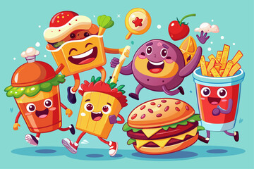 Fototapeta premium Playful fast food characters with happy burgers, fries, pizza and drink in fun cartoon style, energetic fitness theme illustration, colorful humor concept for creative designs and advertising.