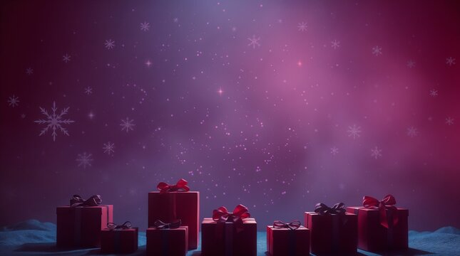 New Year background, soft pastel colors, gentle snowflakes, simple gradient, clean and uncluttered design, xmas gifts in red boxes