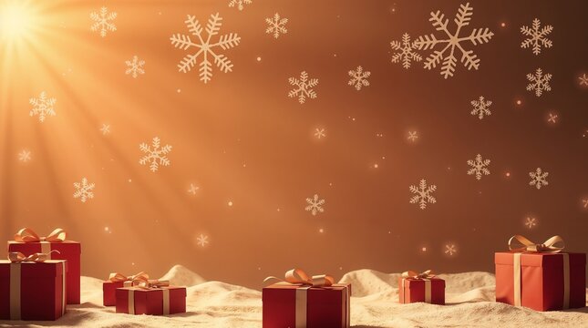 New Year background, soft pastel colors, gentle snowflakes, simple gradient, clean and uncluttered design, xmas gifts in red boxes