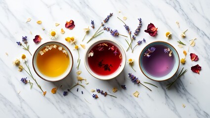 Artistic overhead arrangement of herbal teas in ceramic cups with dried flowers on white marble