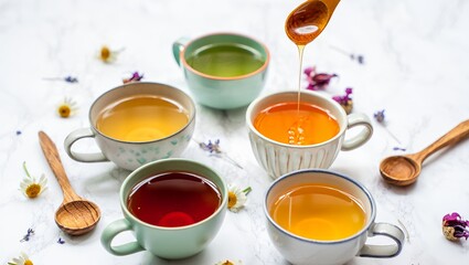 Elegant image featuring herbal teas with golden honey drizzle and rustic wooden spoons among botanicals