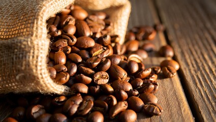  Detailed macro view of coffee beans with golden lighting highlighting their glossy surfaces and natural textures