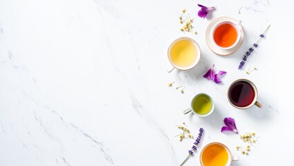 Elegant flat lay featuring colorful herbal teas with scattered dried botanicals on marble surface