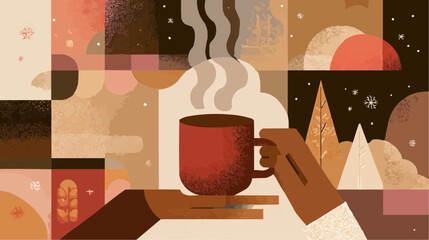 Abstract geometric cocoa mug with steam arcs in warm palette for winter packaging and digital editorial use