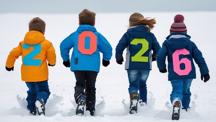 Die Jahreszahl 2026 steht auf den R&uuml;cken von vier Kindern, die im Schnee laufen.