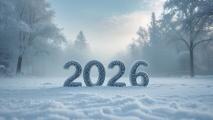 Die Jahreszahl 2026 steht mitten in einer Winterlandschaft
