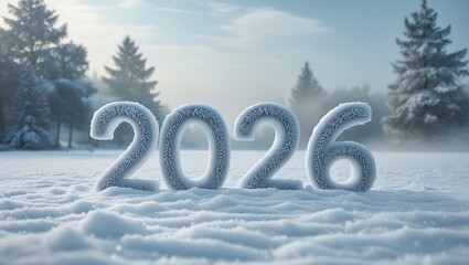 Die Jahreszahl 2026 steht mitten in einer verschneiten Winterlandschaft