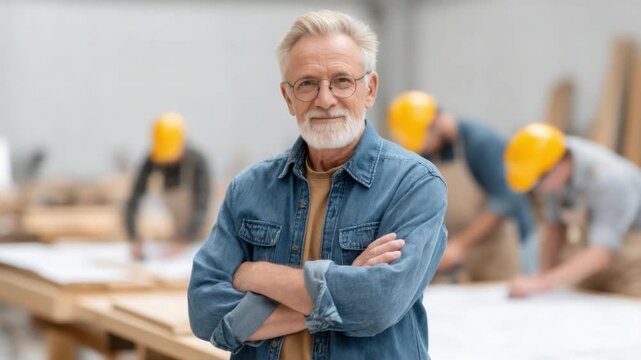 Experienced carpenter in workshop observing team work, smiling with arms crossed, showcasing craftsmanship and industry expertise 4k video footage