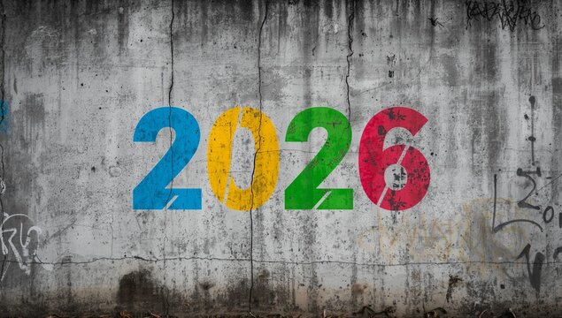 Die Zahl 2026 steht in bunten Ziffern auf einer Wand