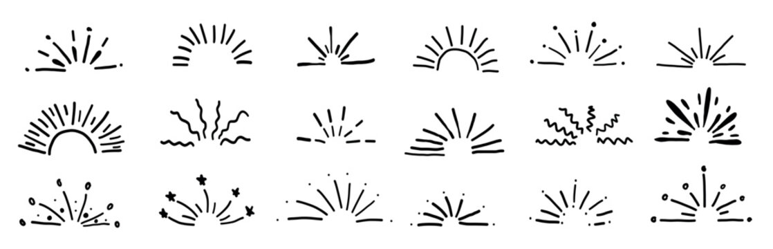 Surprise icon set with hand-drawn sparkles, sun rays, and dynamic motion effects perfect for comic style projects and playful vector illustrations
