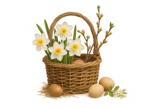 Easter basket with daffodils and willow branches