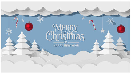 Winter christmas composition in paper cut style | Merry Christmas text Calligraphic Lettering Vector illustration.