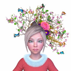 ヘアフラワーアートの女性クローズアップ　3DCGレンダリング