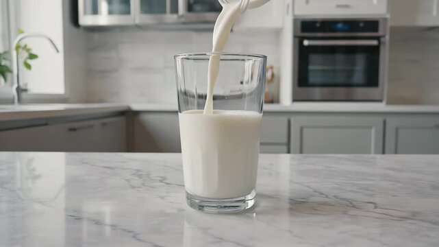 Milch wird in ein Glas gegossen &ndash; Frische Getr&auml;nkeszene in Nahaufnahme