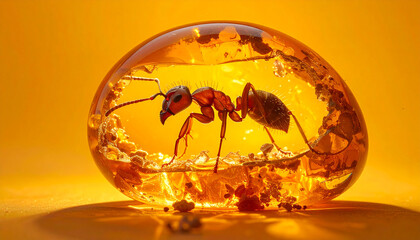 Macro close-up of an ant completely encased in amber.