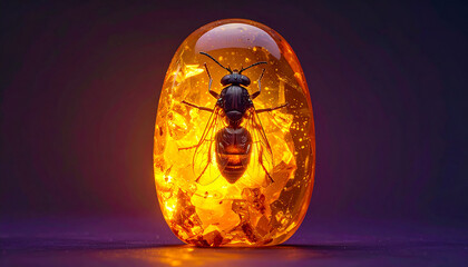 Macro close-up of a firefly completely encased in amber.