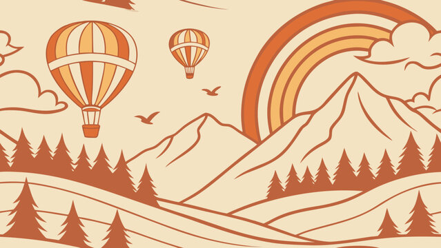 A serene landscape featuring hot air balloons soaring over mountains, a rainbow, and a forest, all rendered in a warm, vintageinspired color palette
