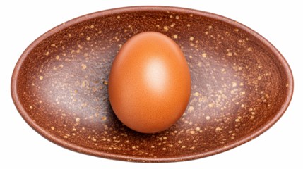 Brown egg in shell lies on brown oval plate top view sticker clipart