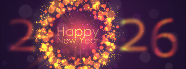 Christmas lights and numbers 2026 on black background with bokeh and shine, sparkles. Vector illustration. Happy New Year template decoration, design, decor. Elements for flyer, poster, banner, web