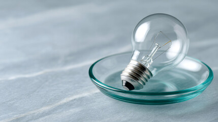 A clear glass light bulb sits in a green bowl on top of a blue surface