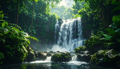 Medium shot of waterfall in rainforest, water cascading over rocks, lush green foliage.